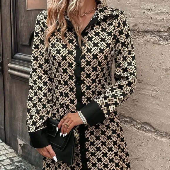 Multicolor Preppy Womens Allover Print Button Front Shirt Dress - Picture 5 of 5